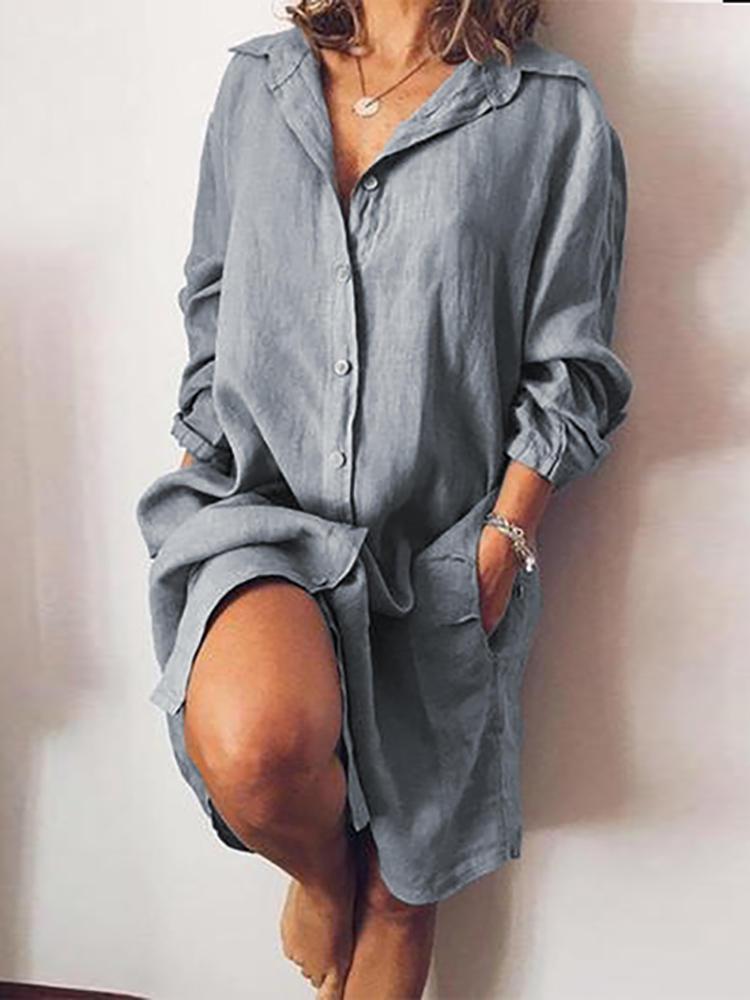shopping שמלות Women Long Sleeve V-neck Button Pocket Dress