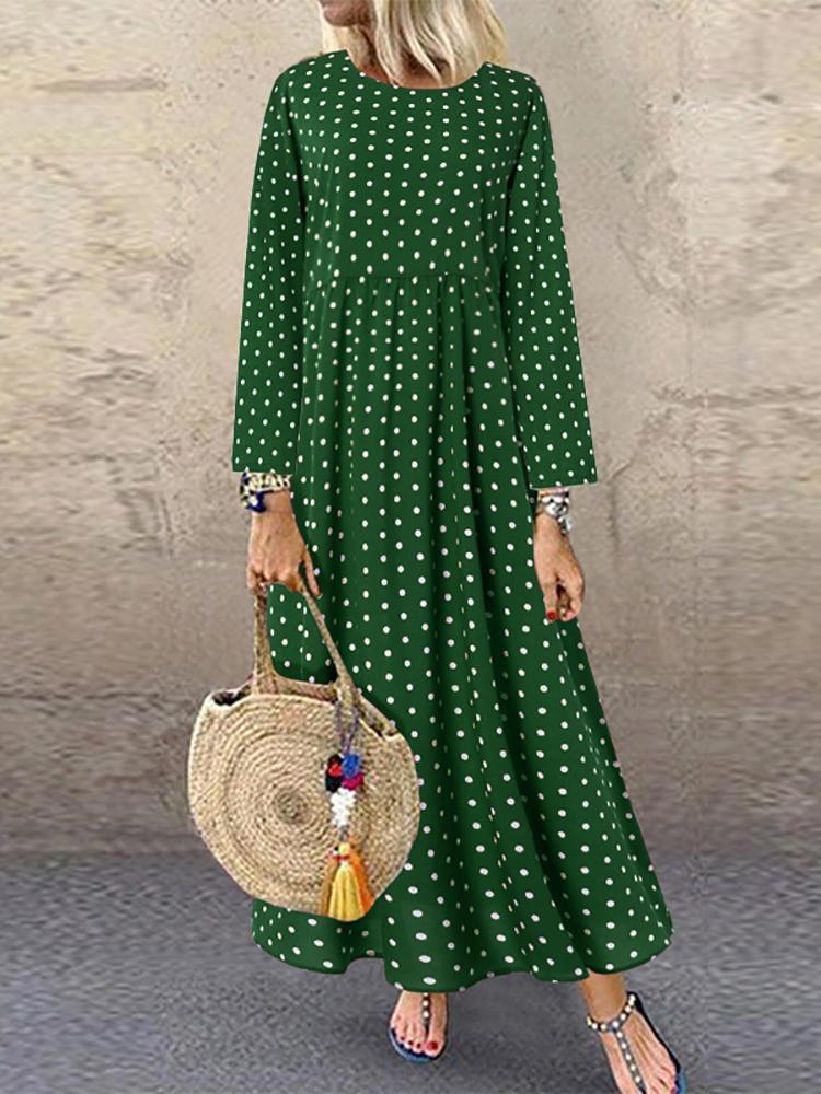 shopping שמלות Women Casual O-Neck Polka Dot Long Sleeve Side Pockets Dress