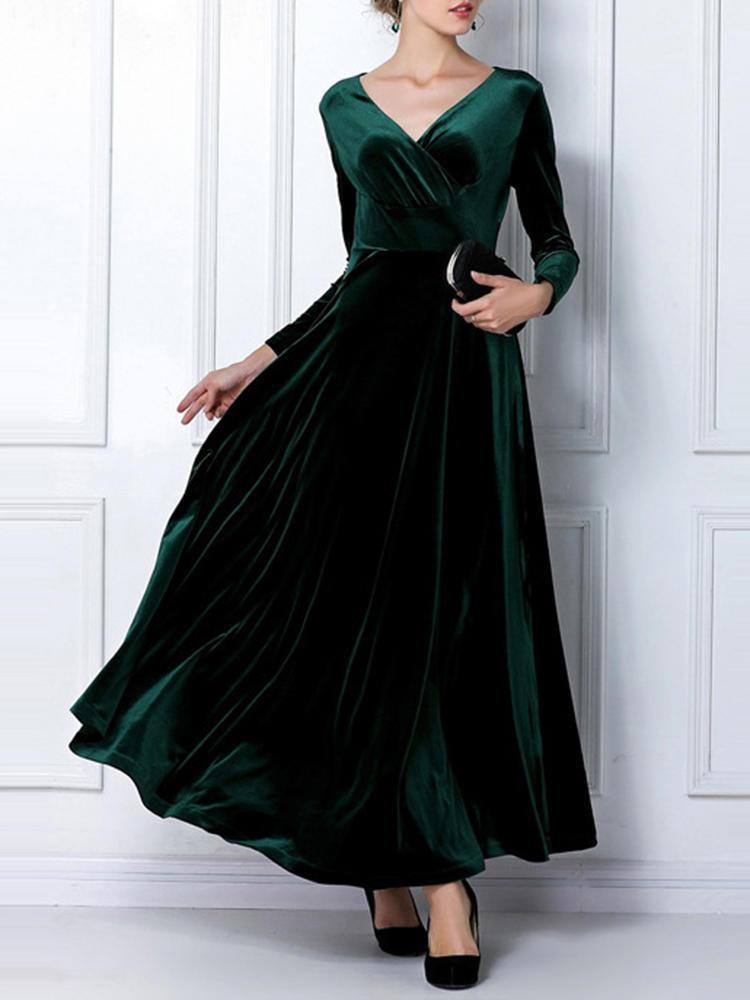 shopping שמלות Velvet Long Sleeve V-neck Maxi Prom Dress