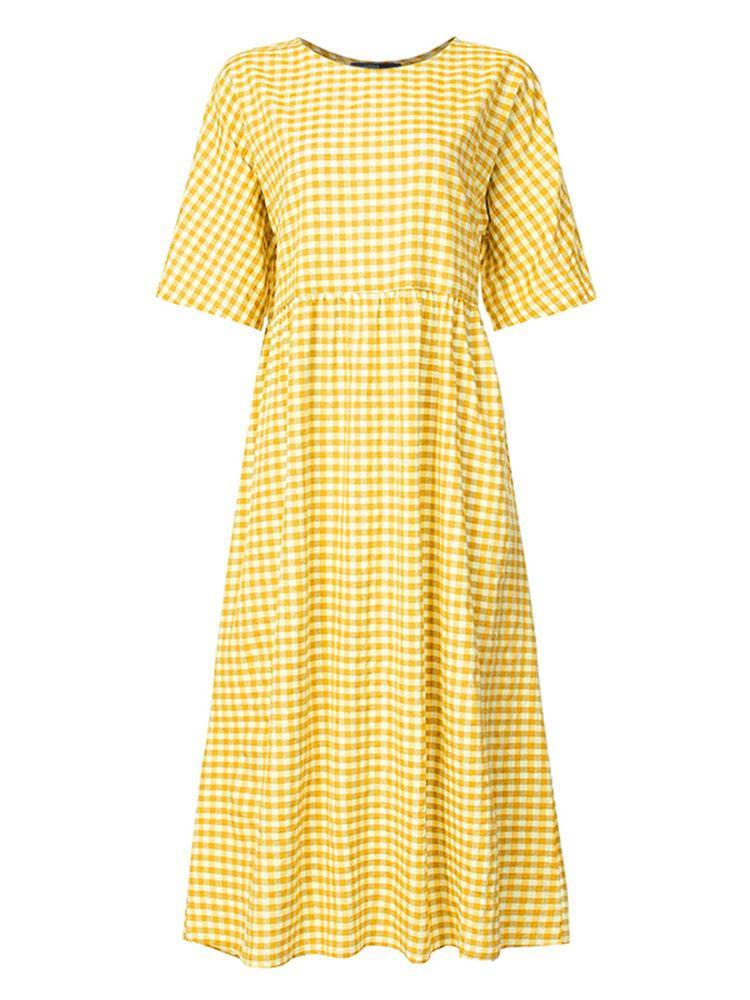shopping שמלות Women Casual Loose Plaid Print O-Neck Half Sleeve Dress