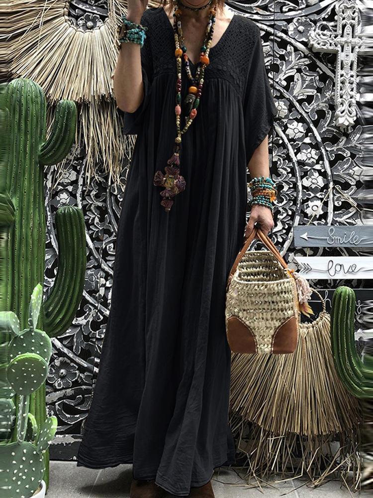 shopping שמלות Women Short Sleeve Hollow Out Robe Kaftan Solid Maxi Dress