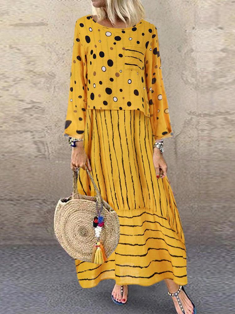 shopping שמלות Vintage Print Polka Dots Striped Two-piece Maxi Dress