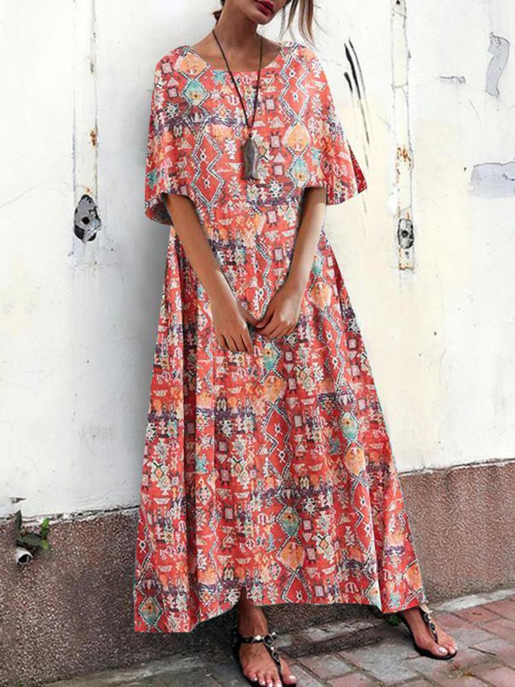 shopping שמלות Bohemian Women Loose Floral Print O-Neck Short Sleeve Side Pockets Dress