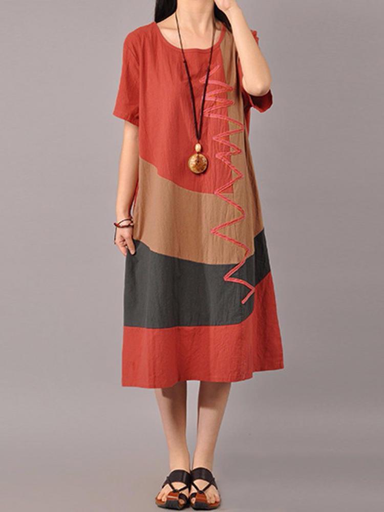shopping שמלות S-5XL Women Casual Short Sleeve Splice Loose O-neck Mid Long Dress