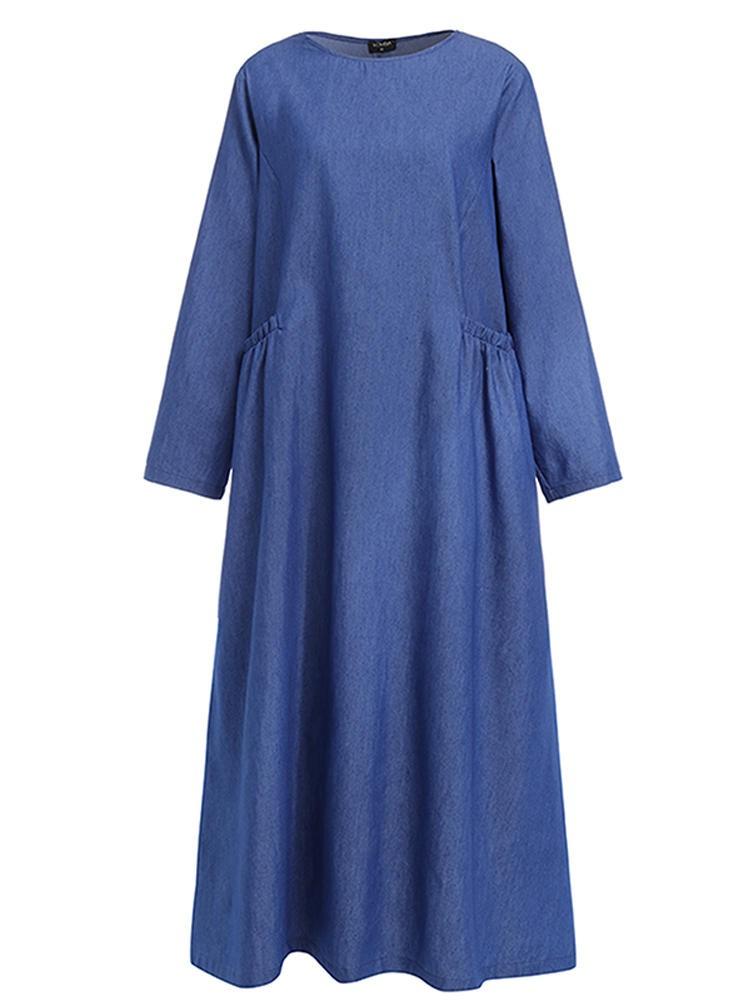 shopping שמלות Long Sleeve O-neck Denim Causal Maxi Dress