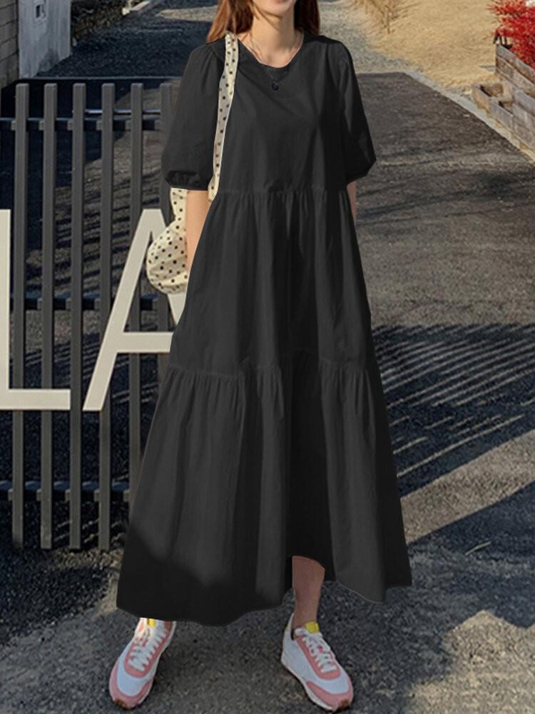 shopping שמלות Women Cotton Solid Color Puff Sleeve Pleated Simple Maxi Dresses With Pocket