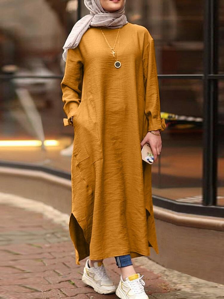 shopping שמלות Women Solid Color O-neck Long Sleeves Splited Robe Kaftan Casual Maxi Dress With Pocket