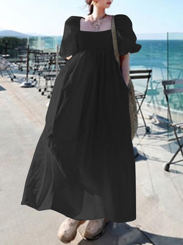 shopping שמלות Women 100% Cotton Puff Sleeve Square Neck Maxi Dresses With Side Pocket
