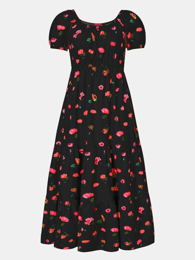 shopping שמלות Women Elastic Square Collar Floral Print Holiday Casual Floor Maxi Dress With Belt