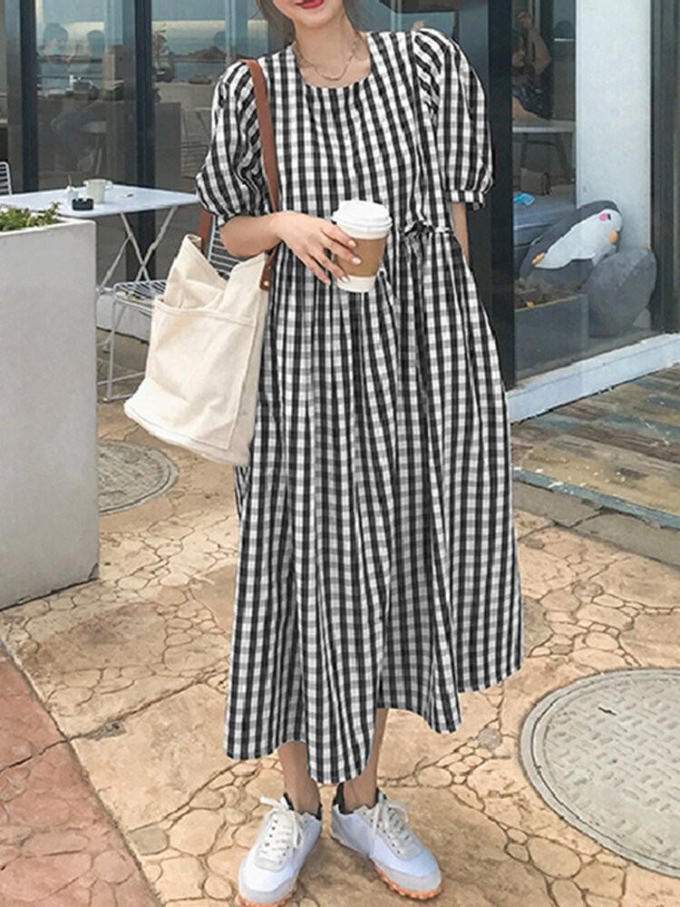 shopping שמלות Plaid Print Puff Sleeve Irregular Spliced Shirt Casual Maxi Dress For Women