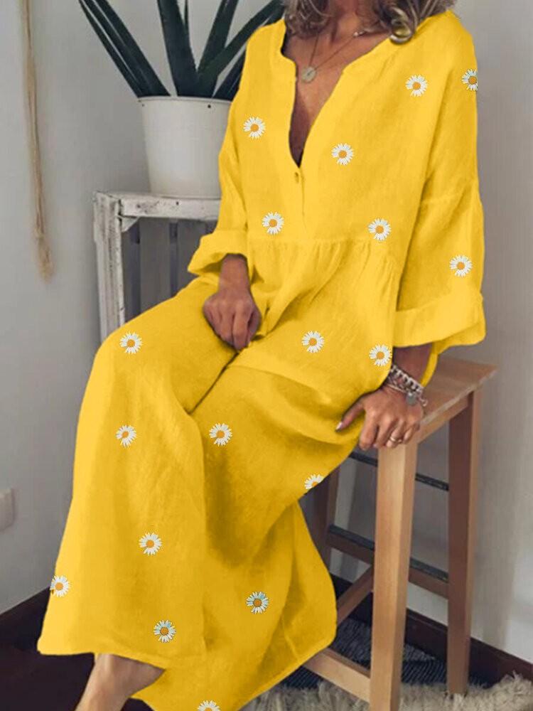 shopping שמלות Daisy Print V-neck Long Sleeve Loose Causal Maxi Dress For Women