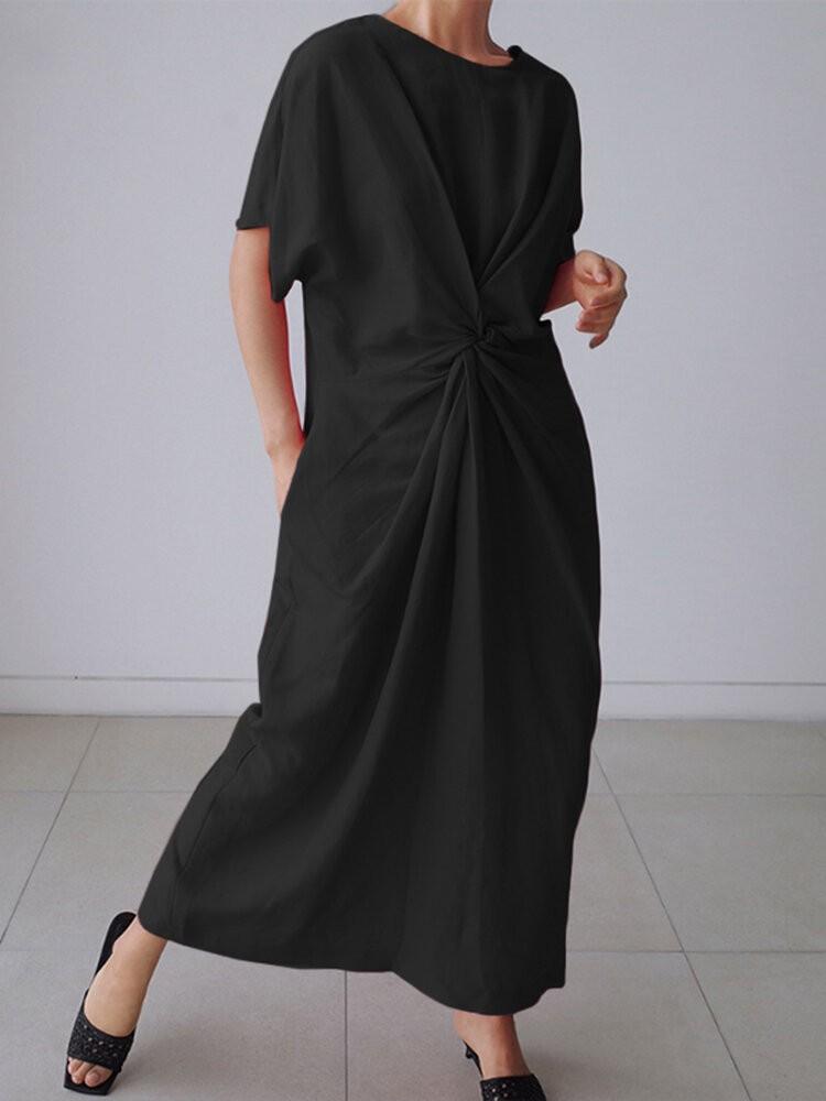 shopping שמלות Women Cotton Plain Twist O-neck Short Sleeve Casual Maxi Dress With Pocket