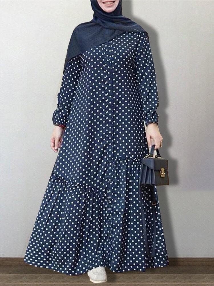 shopping שמלות Women Polka Dot Printed Button Down Front Elastic Cuff Bohemian Kaftan Tunic Maxi Dress