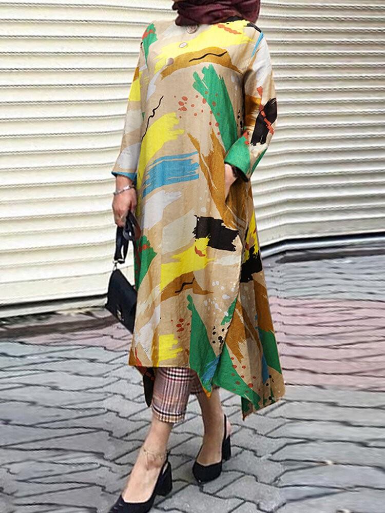 shopping שמלות Women Graffiti Print Cotton Contrast Color Irregular Hem Kaftan Casual Loose Long Sleeve Maxi Dress