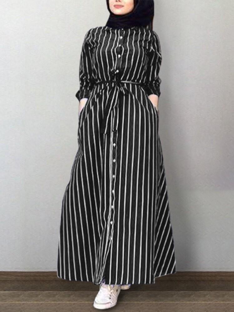 shopping שמלות Women Vertical Stripe Lapel Kaftan Long Sleeve Shirt Maxi Dresses With Belt