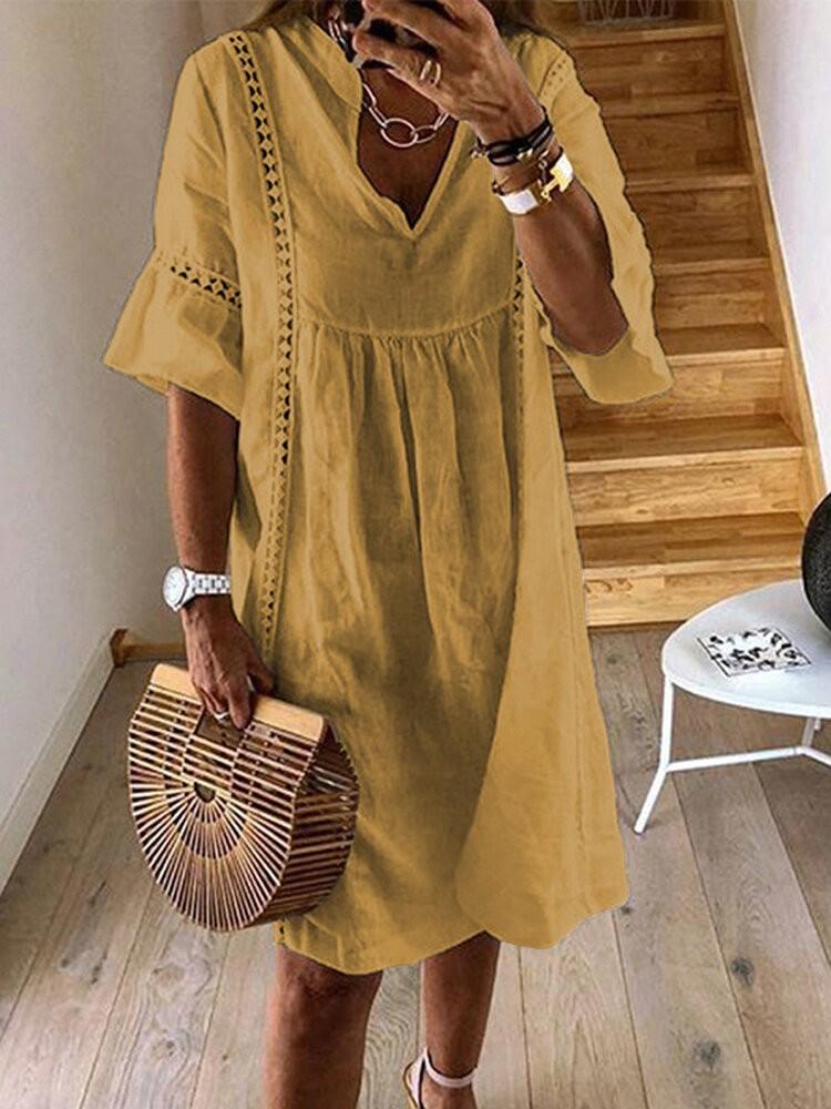 shopping שמלות Women Short Sleeve V-neck Lace Hollow Solid Casual Dress