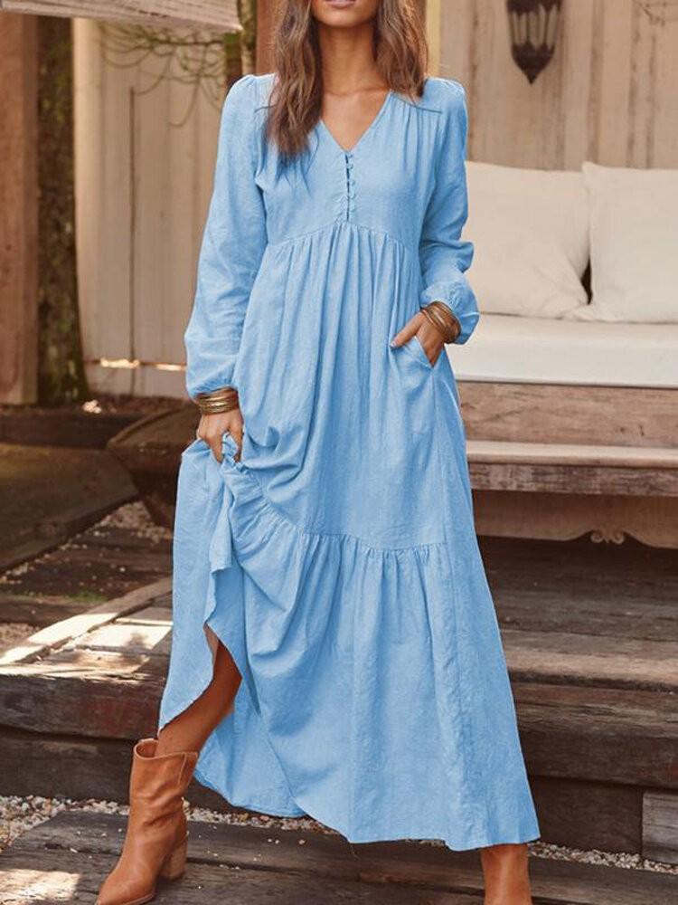 shopping שמלות Women Solid Color V-neck Button Pleated Long Sleeve Vintage Maxi Dress