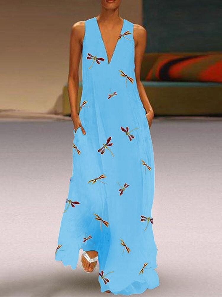shopping שמלות Women Sleeveless V-neck Floral Print Maxi Dress