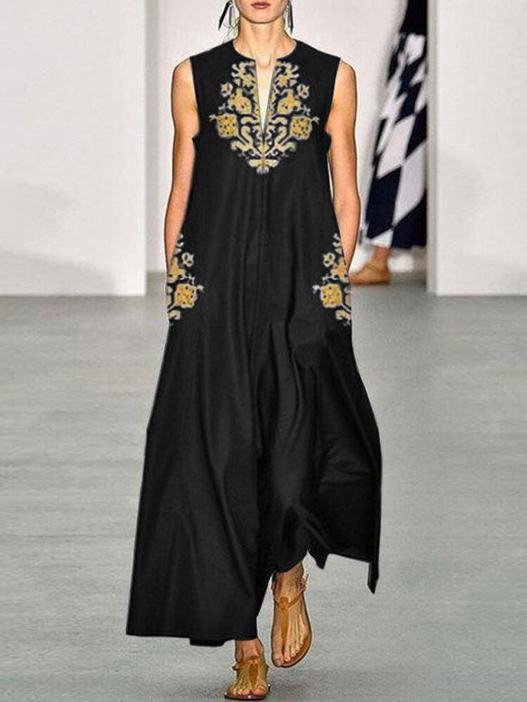 shopping שמלות Bohemian Women Sleeveless O-neck Side Pocket Floral Print Maxi Dress