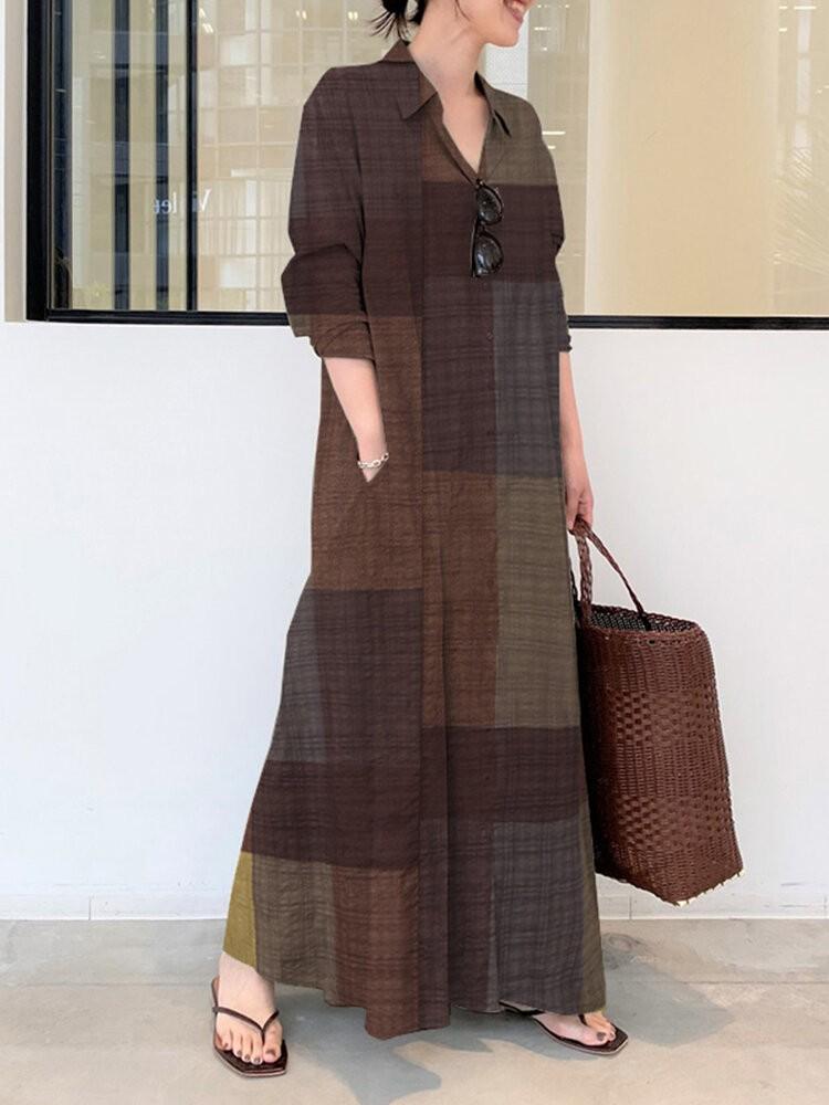shopping שמלות Women Casual Plaid Lapel Long Sleeve Button Vintage Shirt Maxi Dresses With Pocket