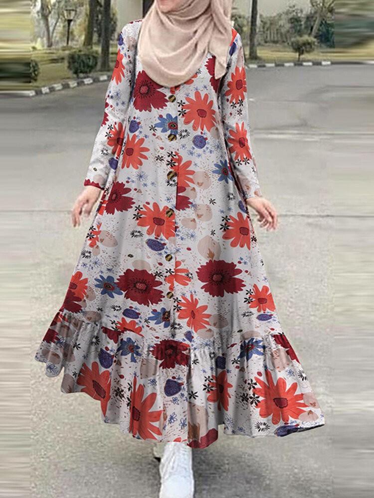 shopping שמלות Women Cotton Floral Print Ruffles Hem Henry Neck Bohemian Long Sleeve Maxi Dress