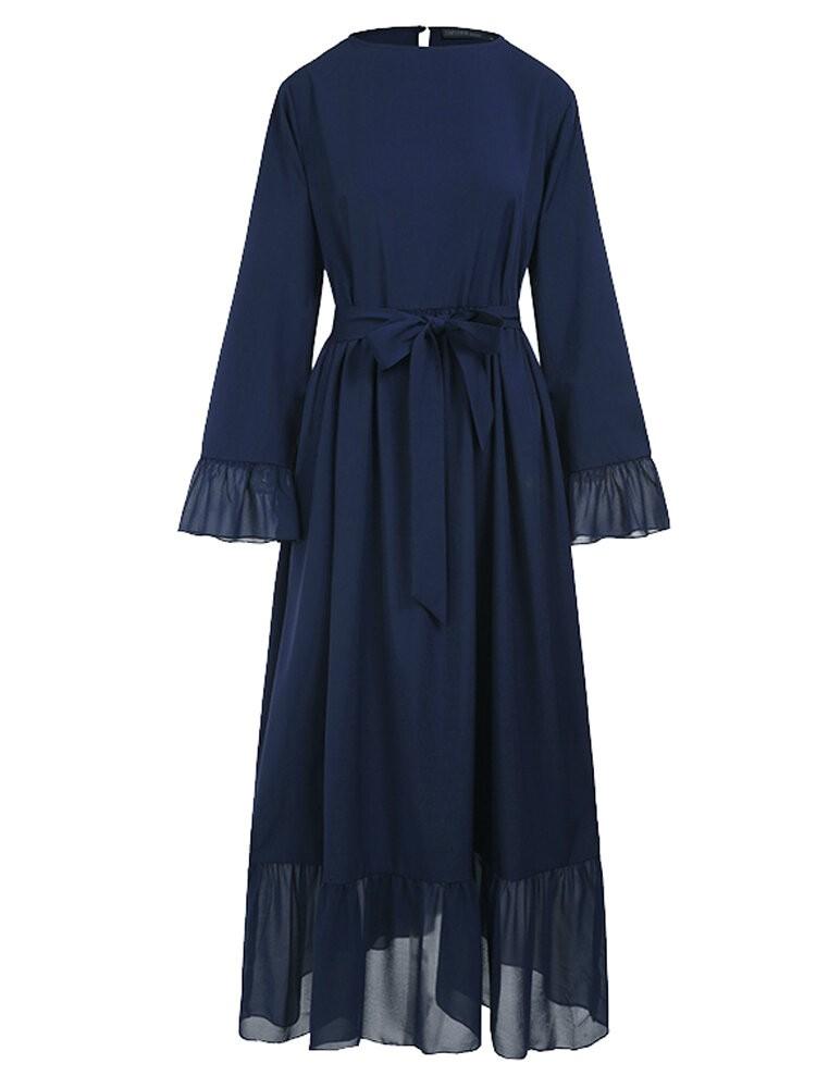shopping שמלות Casual Solid Color Flare Sleeve Lace-Up Chiffon Loose Muslim Maxi Dress