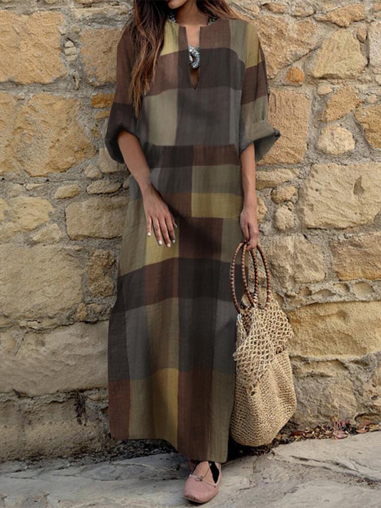 shopping שמלות Women Casual Plaid Notch Neck Long Sleeve Vintage Maxi Dresses With Pocket