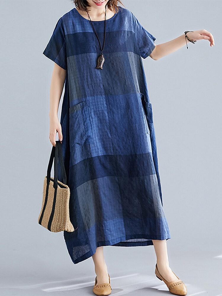 shopping שמלות Grid Printed O-neck Front Pocket Short Sleeve Baggy Maxi Dress For Women