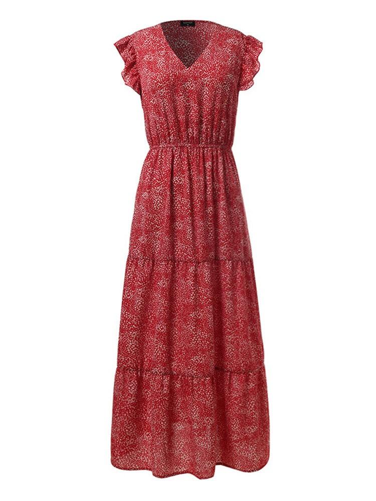 shopping שמלות Casual Loose V-neck Elastic Waist Floral Print Sleeveless Long Maxi Dress