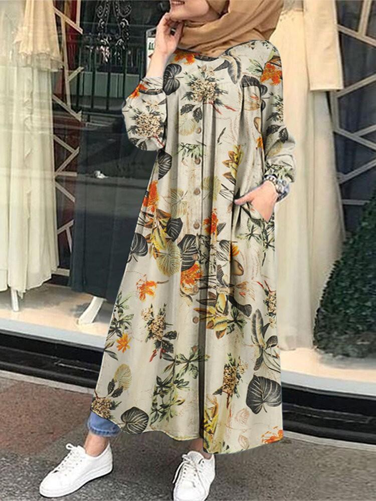 shopping שמלות Floral Leaf Printed Button Down Front Kaftan Tunic Maxi Dress with Side Pockets