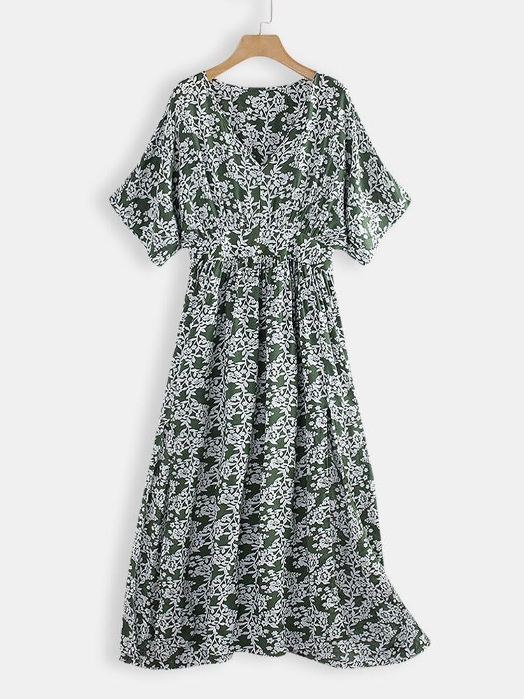 shopping שמלות Floral Print V-neck High Waist Summer Casual Dress