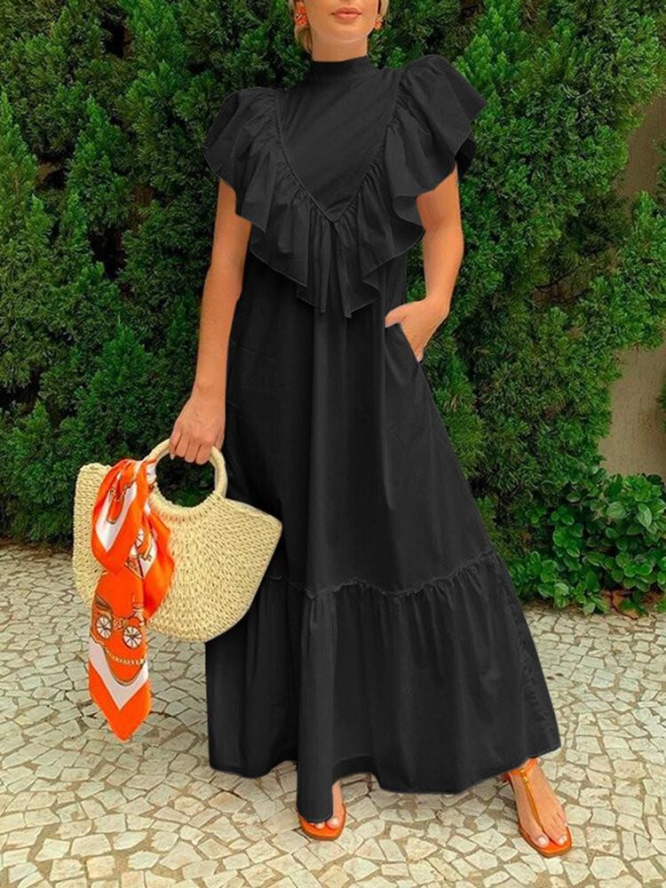 shopping שמלות Women Solid Color Ruffle Half High Collar Sleeveless A-Hem Maxi Dress