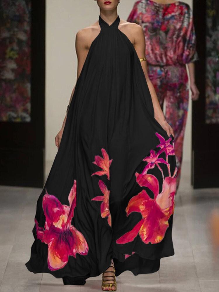 shopping שמלות Women Holiday Floral Print Hanging Neck Loose Stylish Halter Maxi Dress