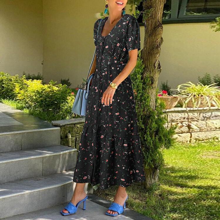shopping שמלות Women Ditsy Floral Print U-Neck Short Sleeve Casual Fishtail Swing Maxi Dress