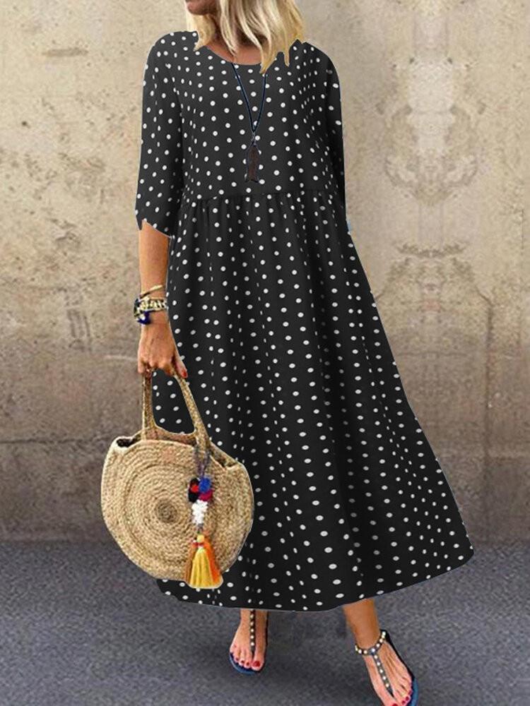 shopping שמלות Women Loose O-neck Polka Dot 3/4 Sleeve Maxi Dress