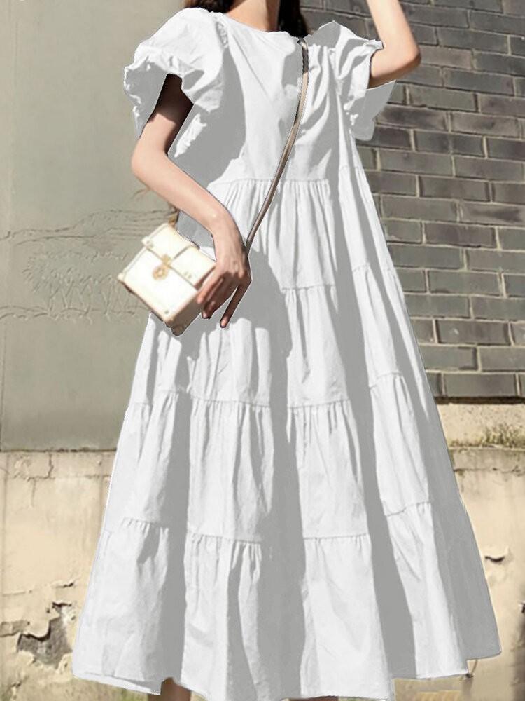 shopping שמלות Women Puff Sleeve Round Neck Tiered Simple Solid Color Pleated Maxi Dresses