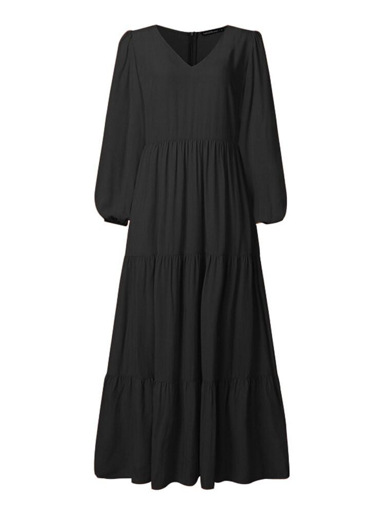 shopping שמלות Women Retro Solid Color Back Zipper Puff Sleeve Loose Casual Maxi Dress
