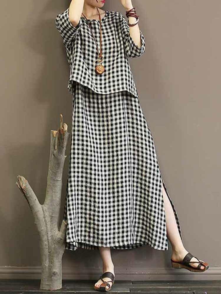 shopping שמלות Casual Women Plaid Split Hem 3/4 Sleeve Dress