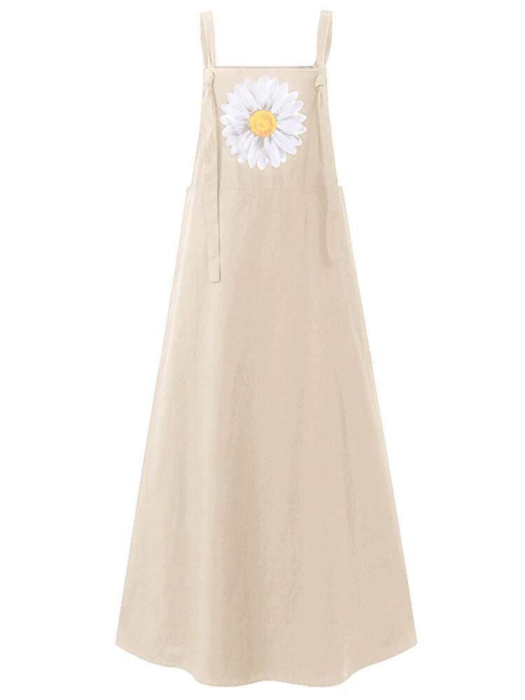 shopping שמלות Small Daisies Print Adjustable Strap Casual Loose A-line Maxi Dress with Pockets
