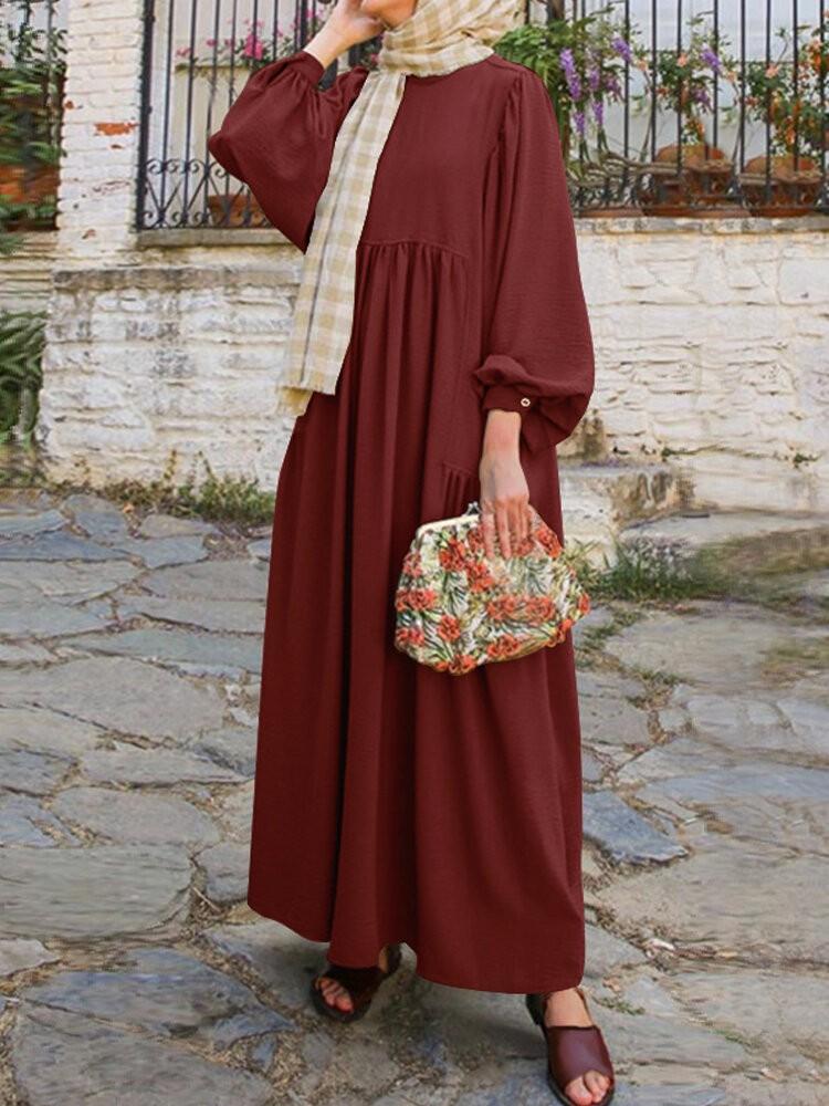 shopping שמלות Women Retro Solid Puff Sleeve Hollow Out Collar Abaya Kaftan Pleated Maxi Dress