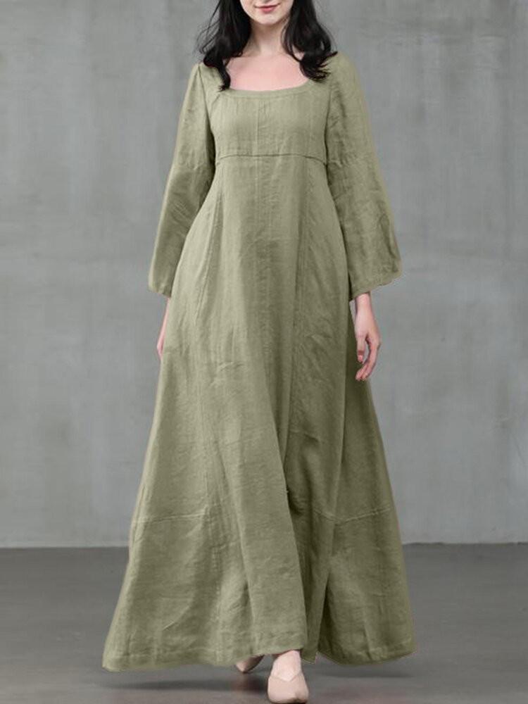 shopping שמלות Women Solid Color Square Neck Ruffles Sleeve Zipper Loose Casual Maxi Dress