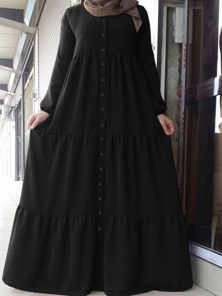 shopping שמלות Women Vintage Solid Color Button Down Front Patchwork Tiered Maxi Dress