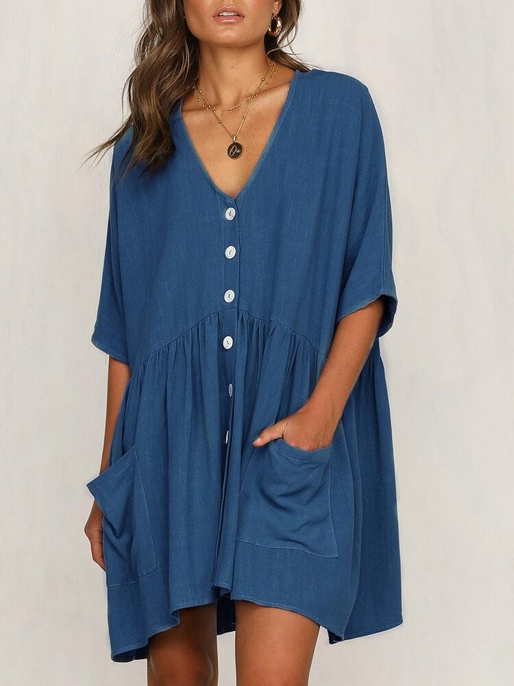 shopping שמלות Women Casual Button V-neck Half Sleeve Mini Dress