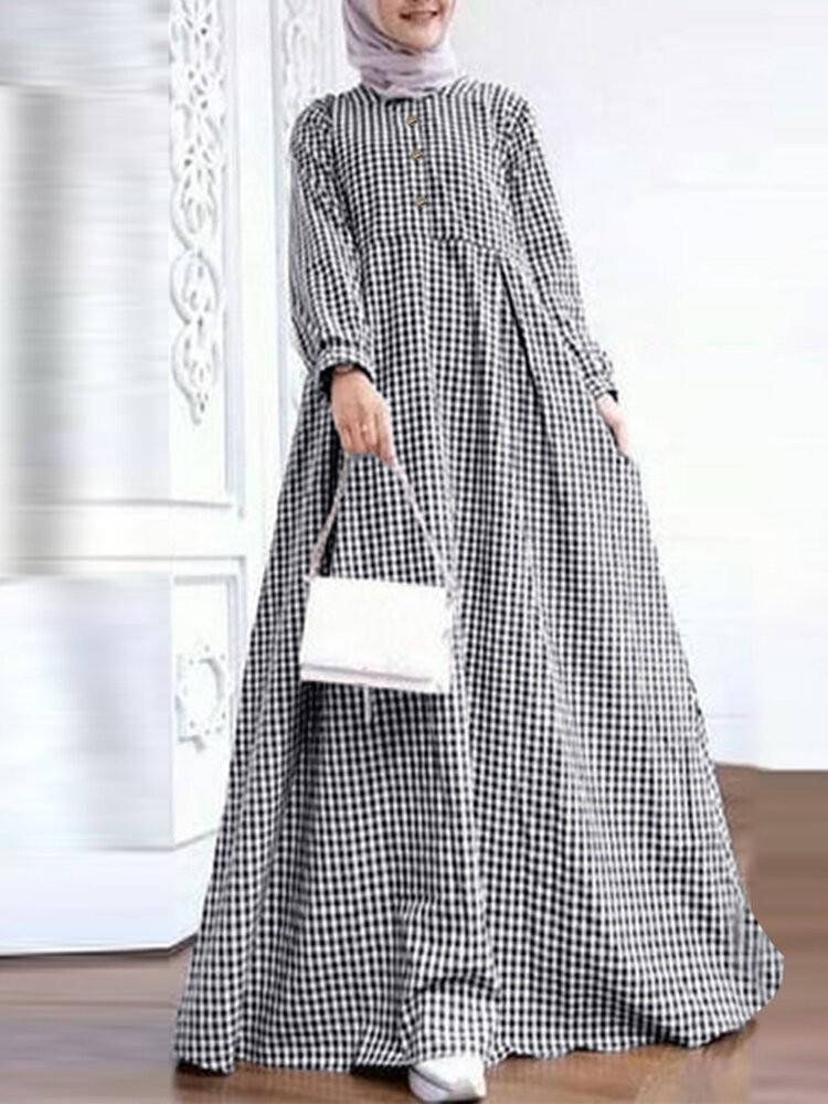 shopping שמלות Women Grid Printed Casual Elastic Cuffs Big Swing Long Sleeve Muslim Abaya Kaftan Maxi Dress