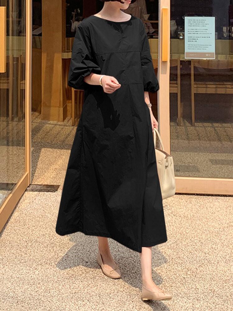 shopping שמלות Women Solid Color O-Neck Puff Sleeves Swing Casual Maxi Dress