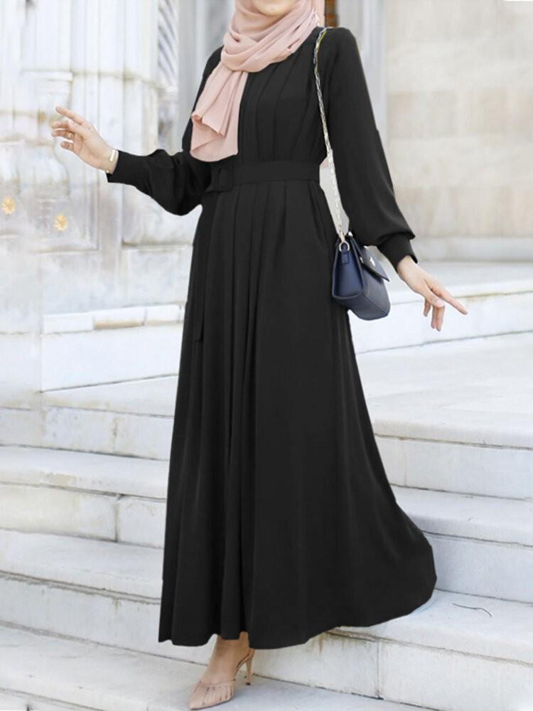 shopping שמלות Women Solid Color Lapel Lace-up Elegant Kaftan Maxi Dress