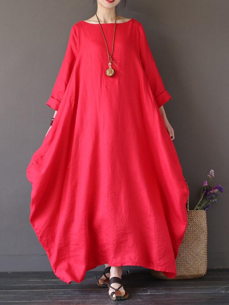 shopping שמלות L-5XL Casual Women Loose Solid Color Baggy 3/4 Sleeve Maxi Dress（No Pocket）