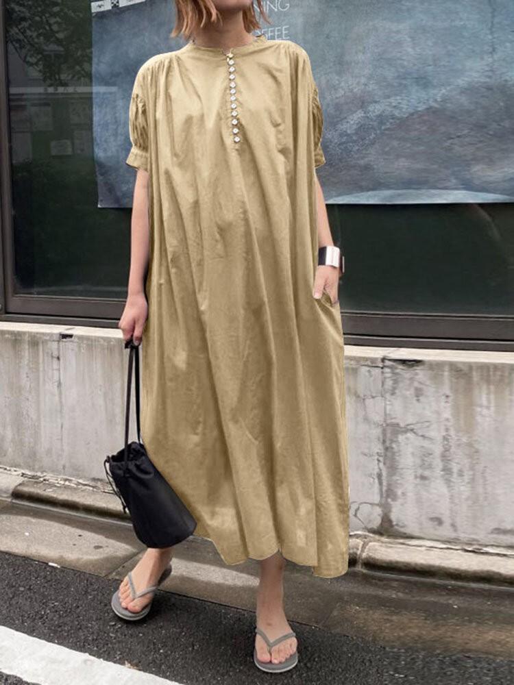 shopping שמלות Casual Plain Puff Sleeves O-neck Pleated Solid Maxi Dress With Pocket