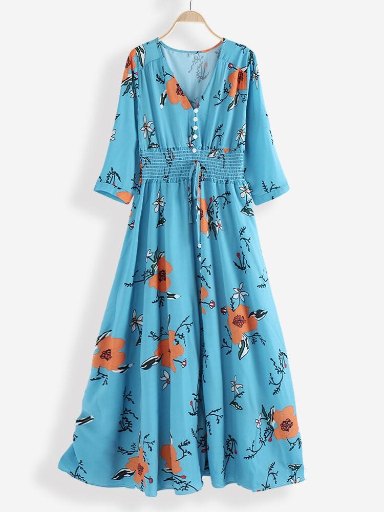 shopping שמלות Bohemian Floral Random Print V-neck 3/4 Sleeve Buttons Maxi Dress