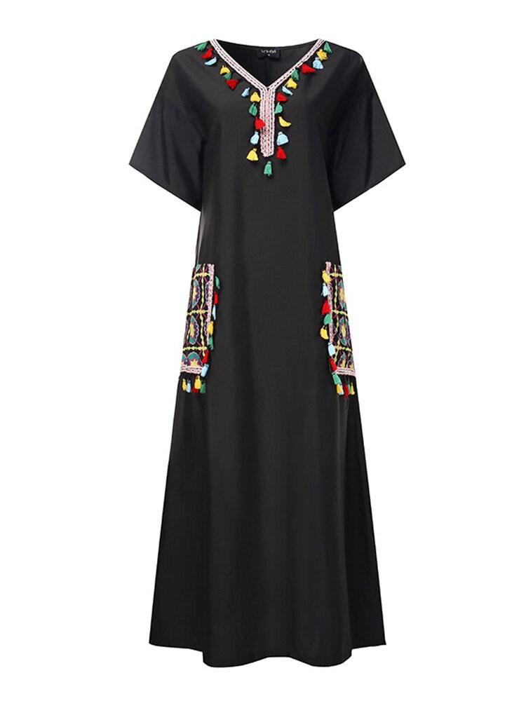 shopping שמלות Women Print Loose V-neck Short Sleeve Long Maxi Dress